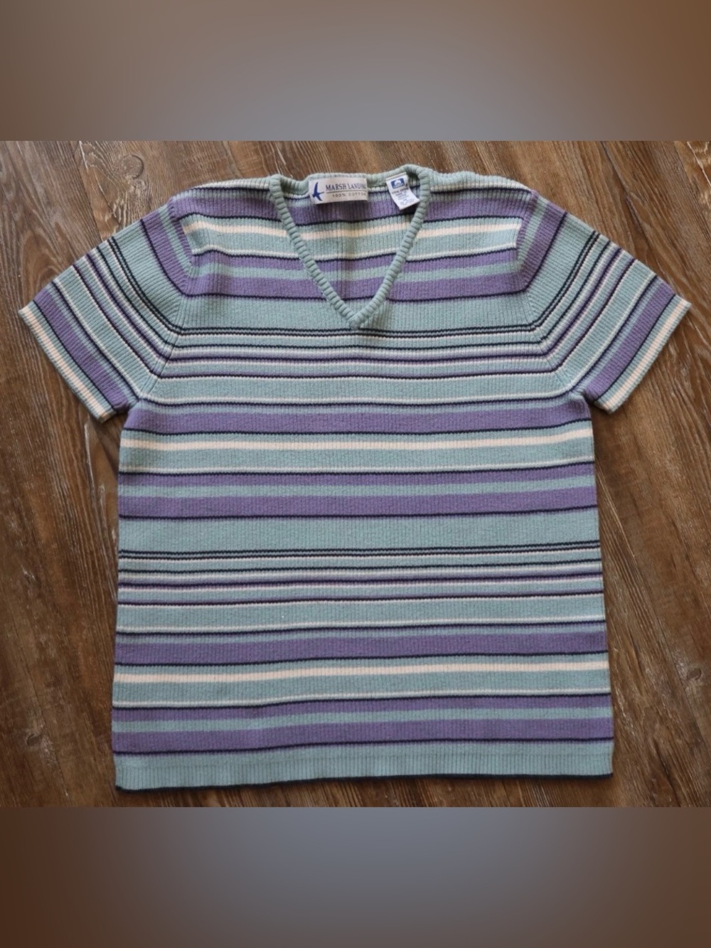 Vintage Blue Purple Stripe Sweater Shirt Retro V Neck Top Womens M